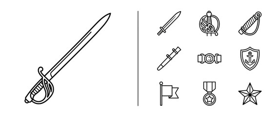 Fototapeta premium Military and Naval Equipment Line Icon Set