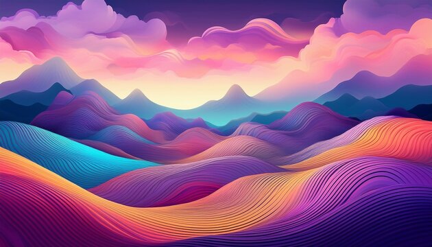 A Whimsical D Fantasy Landscape Featuring Multi Colored Rolling Hills And Stylized Mountains Under A Soft Purple Sky With Clouds