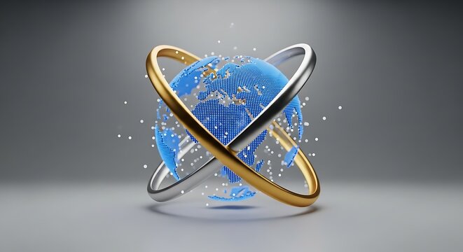 A blue globe with gold and silver rings, white dots on a grey background
