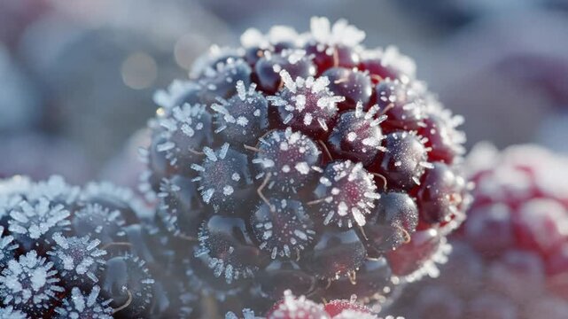 Extreme macro close-up of dark ripe blackberries coated in intricate white hoar frost crystals and ice needles, highlighting frozen fruit texture against a blurred background.