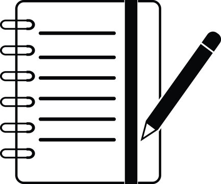 Simple black and white vector icon illustration depicting a spiral bound notebook with a pencil resting on the cover for writing notes and creative ideas
