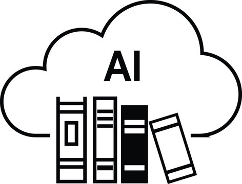 Minimalist black and white icon featuring a cloud symbol with the letters AI above a row of four upright books representing digital knowledge and education
