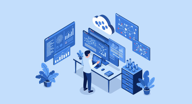 Man working with multiple computer screens displaying data and charts.