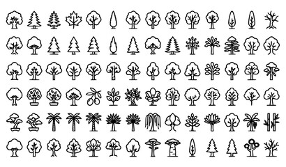 Obraz premium Large Tree Icon Collection Featuring Deciduous Evergreen Palm and Forest Trees Outline Symbol Set