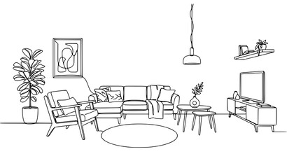 Fototapeta premium Minimal Living Room Interior Line Drawing Featuring Sofa Plants Furniture Lighting and Modern Home Decor