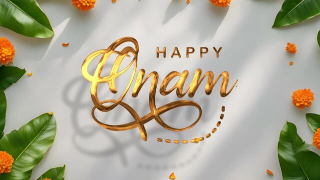Happy onam text with a vibrant floral border of green leaves and orange marigold petals. Perfect for onam festival designs and kerala themed projects.