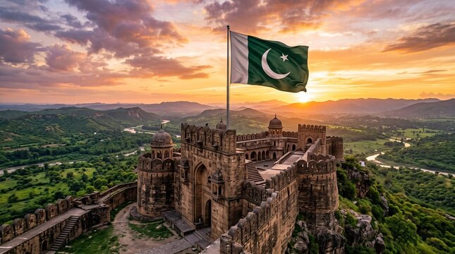 Pakistan flag waving over ancient stone fortress at sunset, majestic mountain landscape with historic castle ruins, national pride and heritage concept