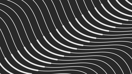 Obraz premium A modern abstract background features dynamic, wavy, segmented white lines flowing across a dark grey surface, creating a minimalist and visually engaging design.