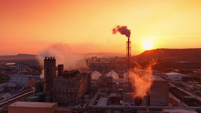 Industrial complex with smoke from chimneys at golden hour. Dark vapor exits a tall pipe above a manufacturing facility during a bright sunset over hills.