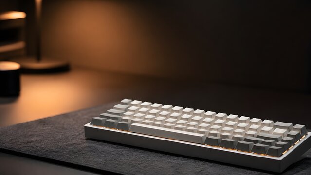 Clean minimalist mechanical keyboard with warm backlight sitting on a dark desk mat. This beautiful photo is suitable for tech articles, typing blogs, and digital workplace design