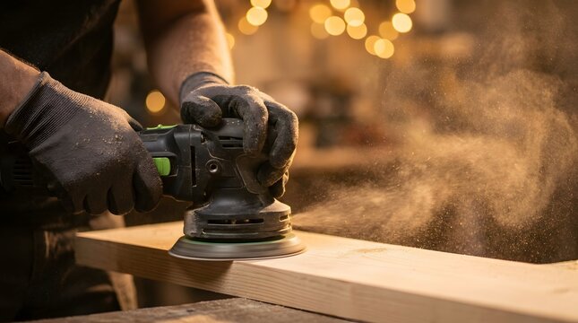 Worker sanding wood plank with orbital sander creating dust in workshop.