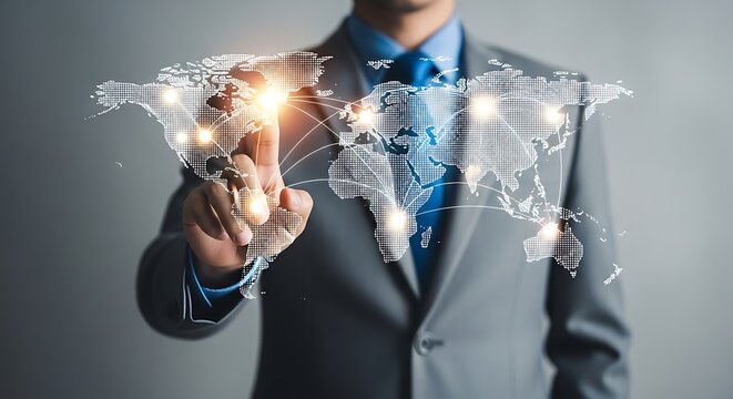 A businessman's hand interacts with a holographic world map, highlighting global connections