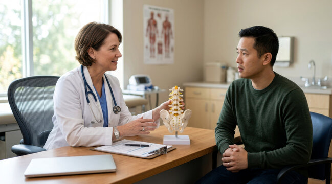 Family doctor discussing watchful waiting for minor back pain with anxious adult patient in exam room, with spine model and clipboard