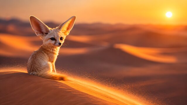 Adorable photograph of a fennec fox sitting on a golden sand dune at sunset in the desert. Ideal for wildlife conservation campaigns, childrens books, and nature magazines.