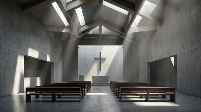 Modern church interior with light rays shining on a cross. Religious faith and hope concept.