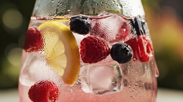 Close-up of cold fruit infusion with ice cubes, fresh raspberries, blueberries and lemon slice in a sweating glass pitcher against a blurred outdoor background, macro view.