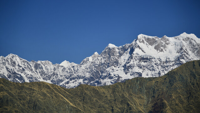 Snow covered Garhwal Himalayan peaks from Chandrashila Uttarakhand	