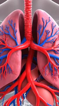 Close-up 3D medical illustration of human respiratory system showing pink lungs and blue trachea with bronchial tree branching into the lobes on a neutral background.