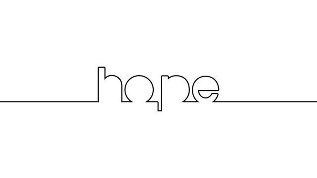 hope animated single one line art handwriting of words text, continuous writing hope line art on black white green background 4k video