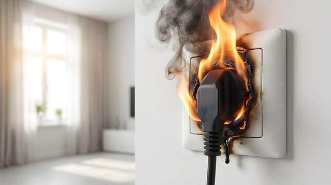 Electrical wall outlet burning with intense fire and thick black smoke.