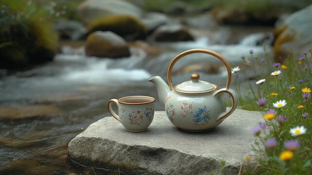 Ceramic teapot and tea cup sitting on a river rock in this relaxing motion video clip