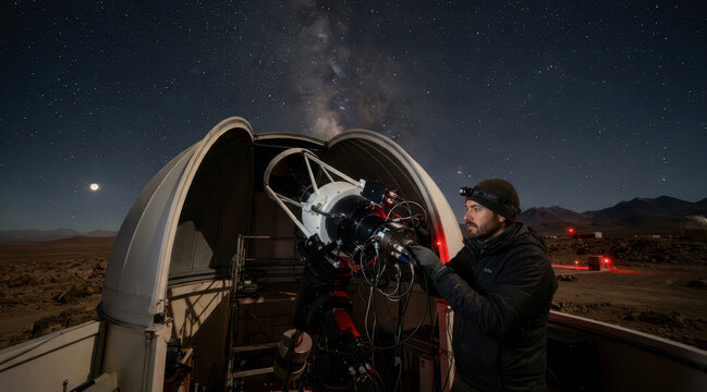 Remote telescope dome in a desert under a clear night sky with technician checking a spectrograph