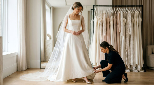 Bride tries on a structured square neck wedding dress with veil and metallic heels while a stylist adjusts the hem in an airy bridal fitting room.