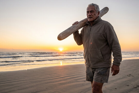 Senior Man Walking on Beach Carrying Surfboard at Sunset During Active Retirement