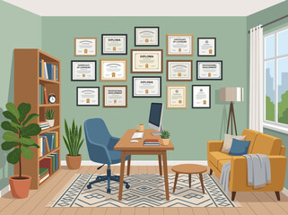 Fototapeta premium Cozy professional office interior with desk chair computer shelves plants lamp window for modern workspace productivity remote work corporate decor concept for website header design