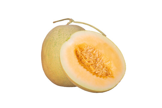 Juicy cantaloupe melon slices isolated on transparent background.