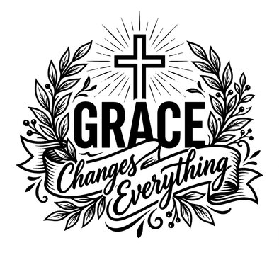 Minimal Grace Changes Everything Christian Vector T Shirt Design with Cross Ribbon and Light Rays