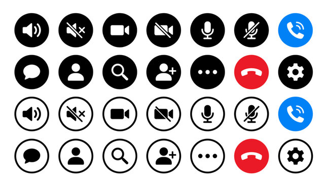 Complete set of circular user interface communication icons for video calling applications.