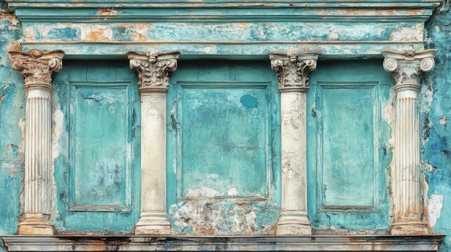 Weathered teal wall with three aged white columns and rectangular panels.