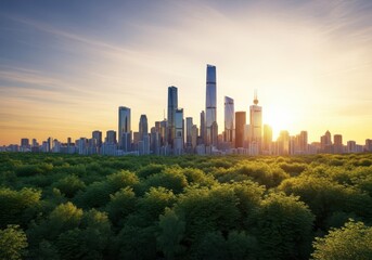 Naklejka premium A sprawling metropolitan skyline features glass towers and modern architecture rising above a dense green forest during a vibrant golden sunset, vacation, buildings, majestic