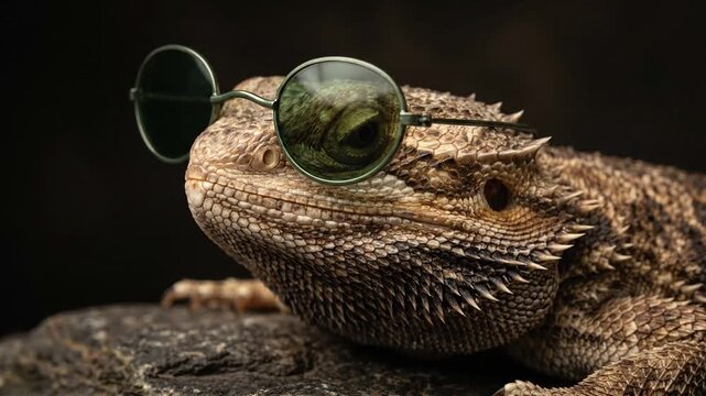 Bearded dragon wearing round sunglasses on dark background.