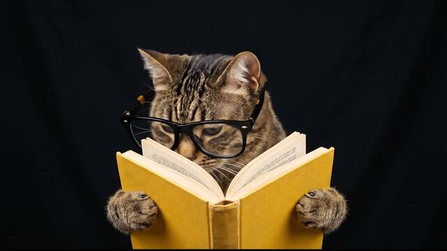 Tabby cat wearing glasses holding an open book.