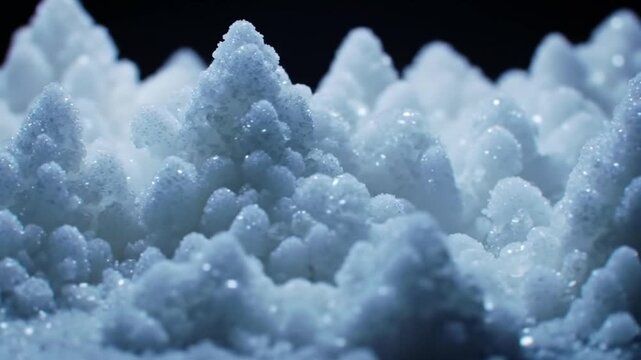 Extreme macro shot of white and blue sugar crystals clustered together to form a miniature mountain landscape with jagged peaks and sparkling surfaces against a dark background.