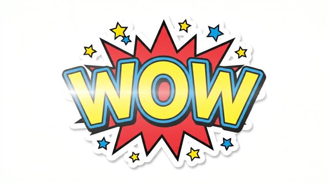 Comic book style WOW word bubble sticker on white.
