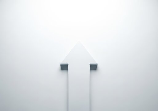 Minimalist conceptual image showing a bright white arrow pointing upward on a seamless white surface, representing progress and future direction, clean, geometric, abstract