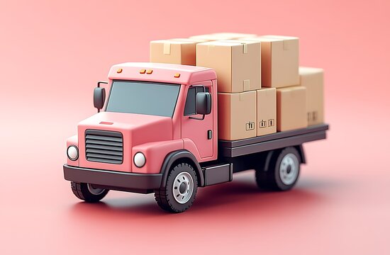 Pink toy truck with cardboard boxes on flatbed, facing left pink truck delivery truck
