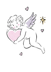 Obraz premium Cute watercolor line art cupid with heart. Cherub illustration.