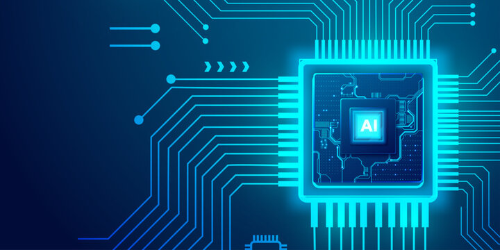 Central processing unit with AI logo on illuminated high tech motherboard.