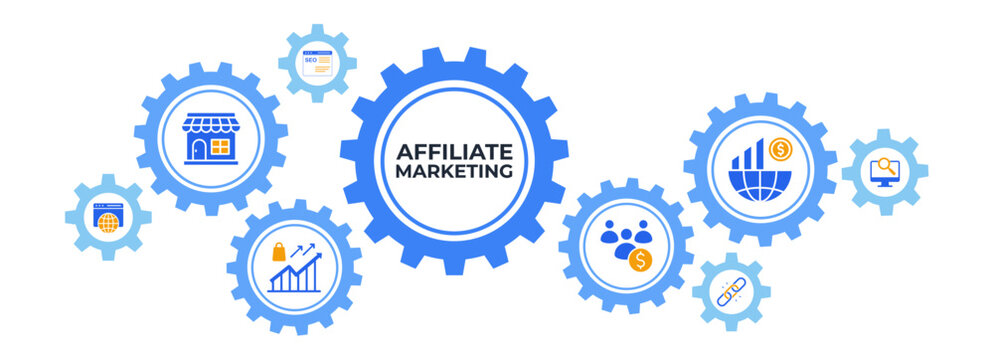 Affiliate marketing concept with icon of merchant, website, sales, seo, link, tracking, customer and trading. Banner web icon vector illustration