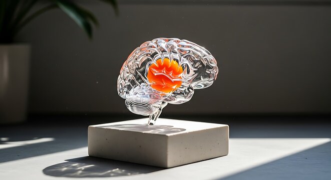 A clear human brain model with orange central lobe stands on a white base, sunlit setting