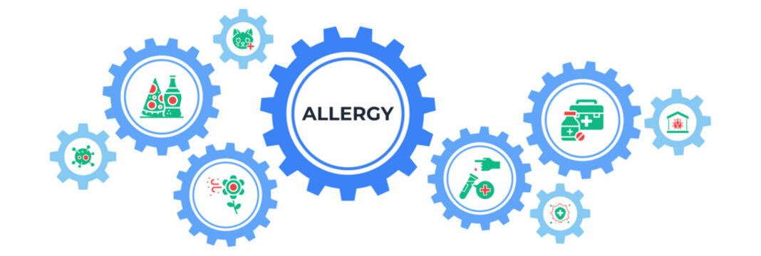 Allergy banner web icon vector illustration concept with icon of allergens, food, pet allergy, pollen, house dust mite, immune system, allergy test and medication