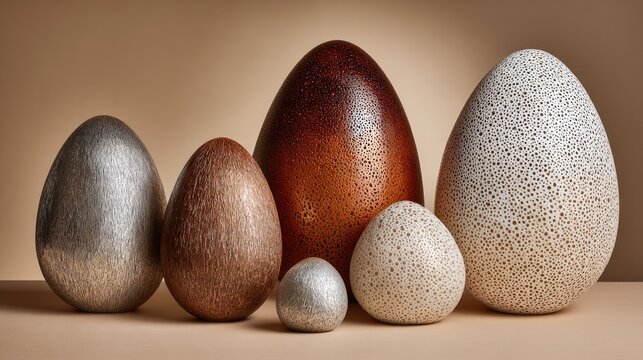 Assortment of decorative oviform objects displays varying sizes and unique textured finishes