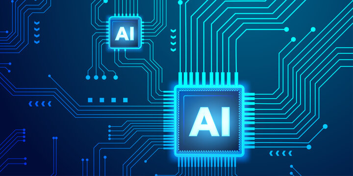 Multiple ai chips on blue glowing digital circuit background with data arrows.