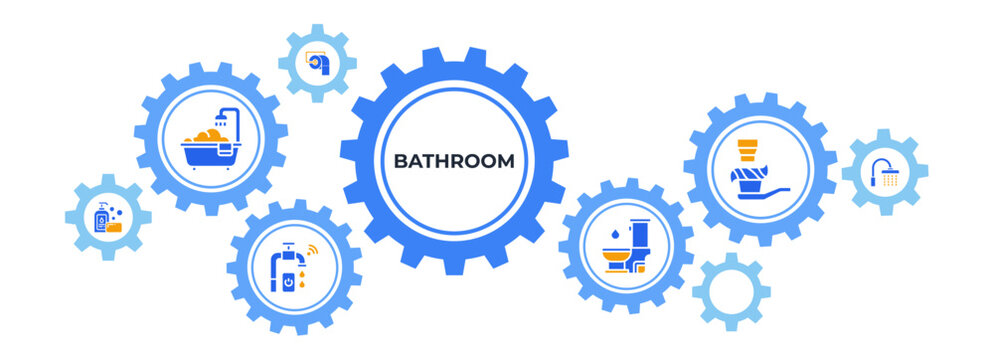Bathroom banner web icon vector illustration concept with icon of bathtub, faucet, toilet bowl, shower, tooth brush, soap, toilet paper