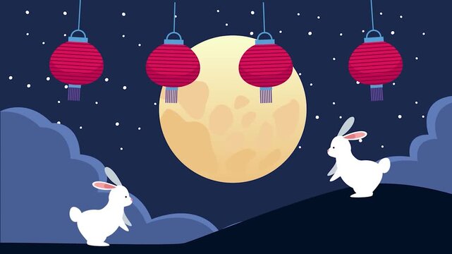 White rabbits stand under bright red hanging lanterns during a full moon night in this creative digital animation video clip