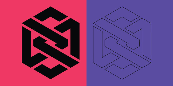 Interlocking hexagonal knot pattern in black and pink, accompanied by a matching thin linear outline version